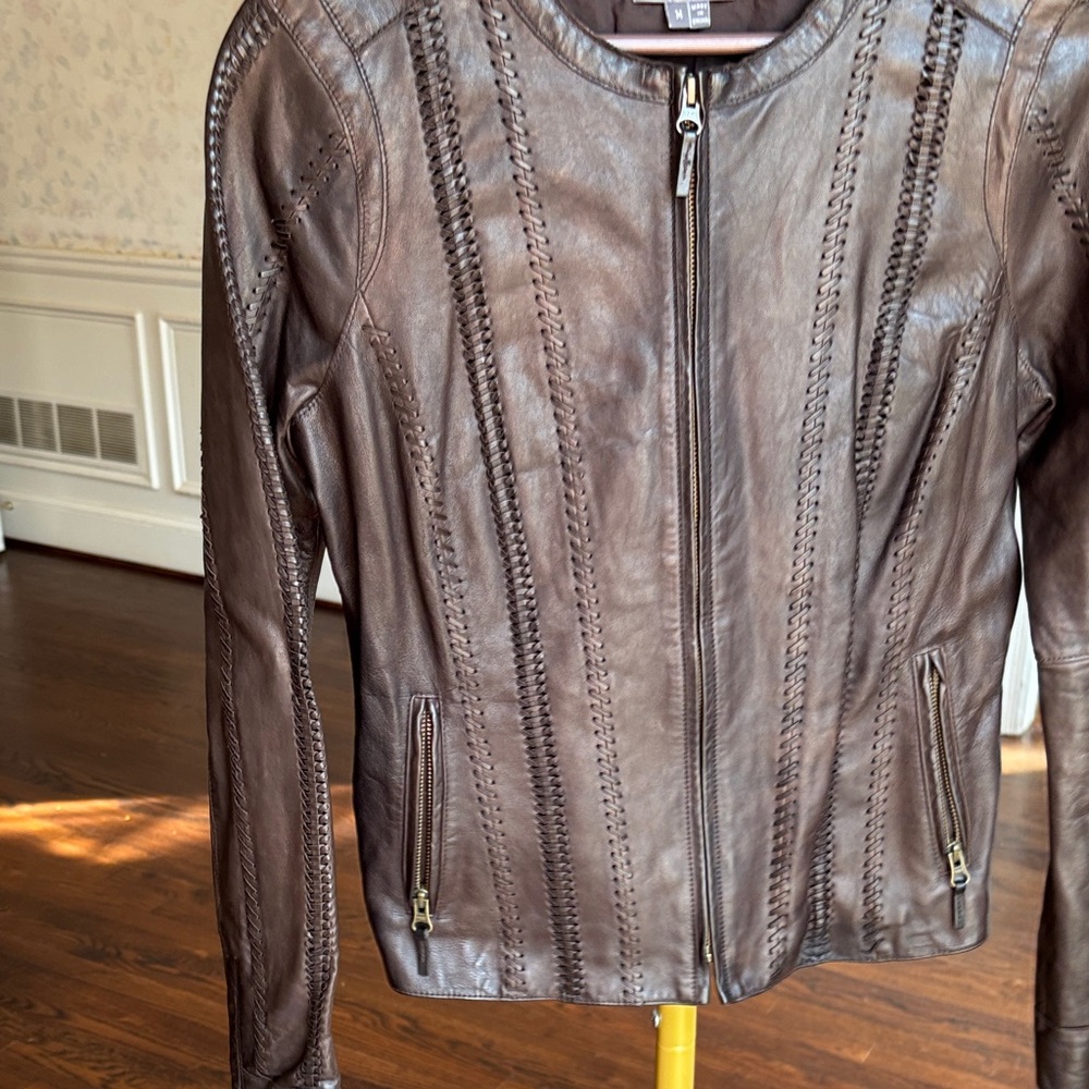 Vince Brown Braided Leather Zip Jacket